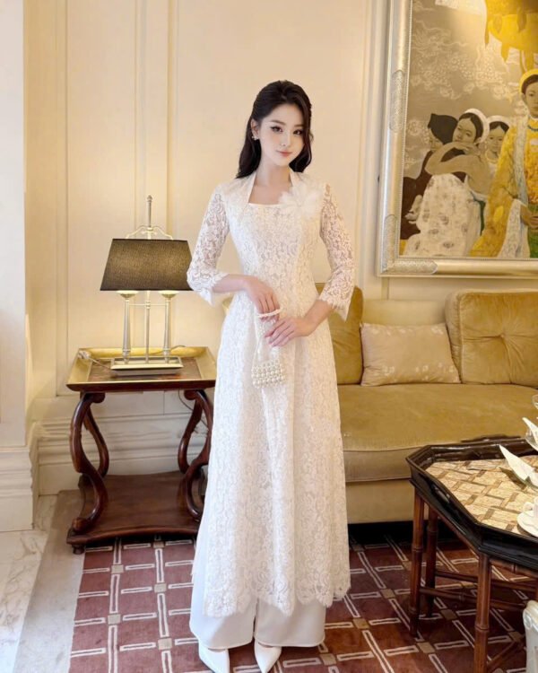 Cho Thuê Áo Dài Băng Khôi Đính Hoa Trắng