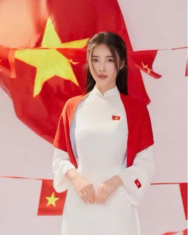 Cho Thuê Áo Dài Cổ Trụ Thêu Lá Cờ Ngực Tay Trắng (Có Bigsize)