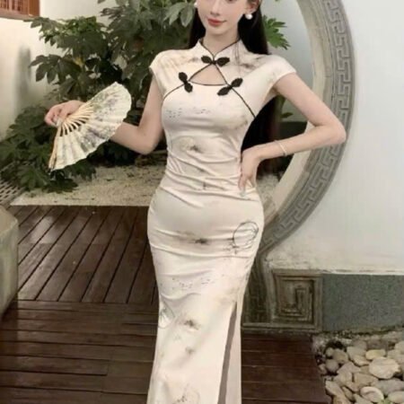 Cho Thuê Sườn Xám Thuỷ Mặc Xanh 3 Nút Tàu Kem