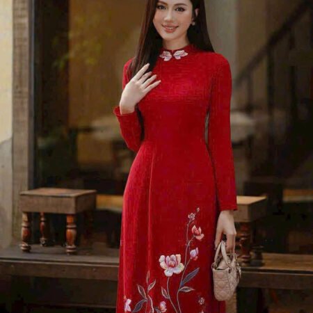 Cho Thuê Áo Dài Thêu Hoa Mẫu Đơn Đỏ