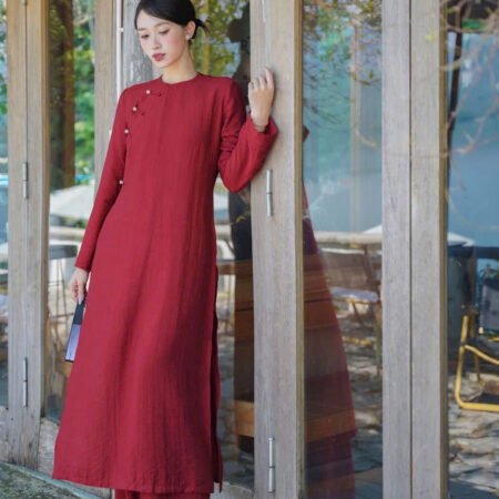 Cho Thuê Áo Dài Đũi Cổ Tròn Bách Di Cayleo Đỏ