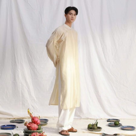 Cho Thuê Áo Dài Nam Ngũ Thân Linen Villa Wings Kem