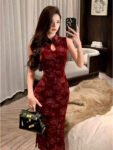 Cho Thuê Sườn Xám Nhung Hoa Hồng Nâu