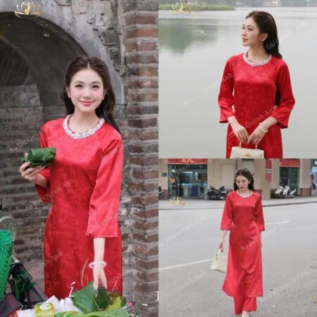 Cho Thuê Áo Dài Cổ Tròn Đính Đá Tâm Giao Đỏ