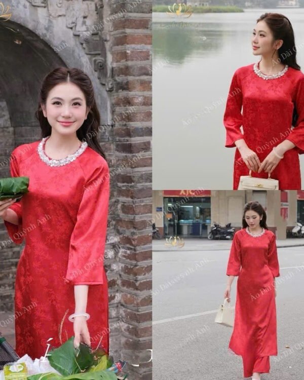 Cho Thuê Áo Dài Cổ Tròn Đính Đá Tâm Giao Đỏ