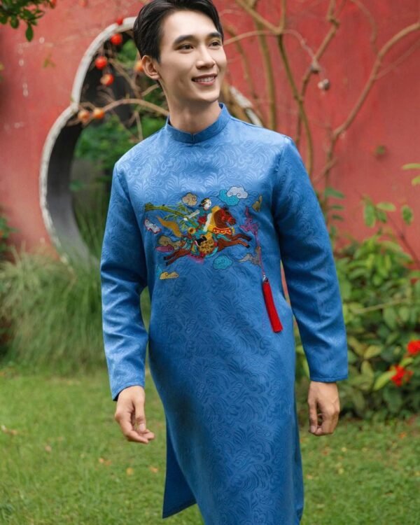 Cho Thuê Áo Dài Nam Xanh Dương Vân Nổi Thánh Gióng