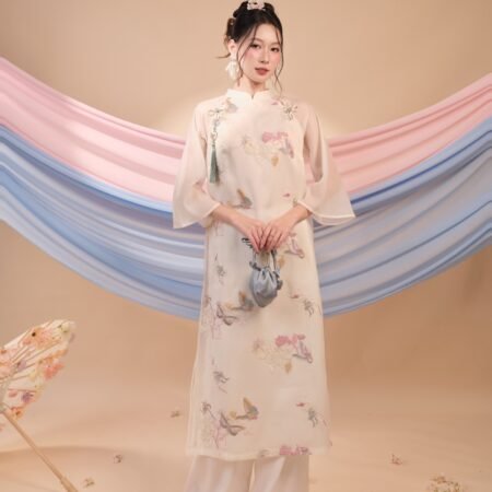 Cho Thuê Áo Dài Nữ Voan Tơ 4 Tà Thêu Sen Trắng