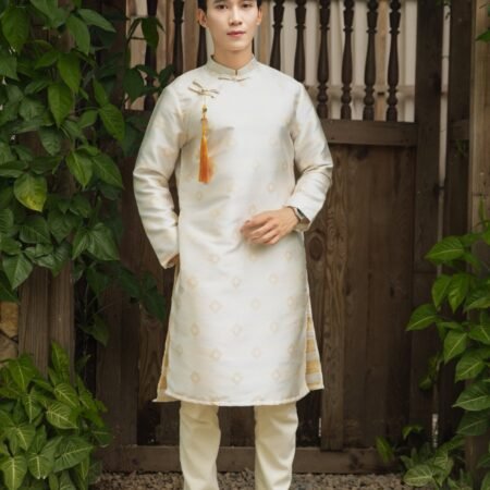 Cho Thuê Áo Dài Nam Gấm Sen Vàng Kem (Có Bigsize)