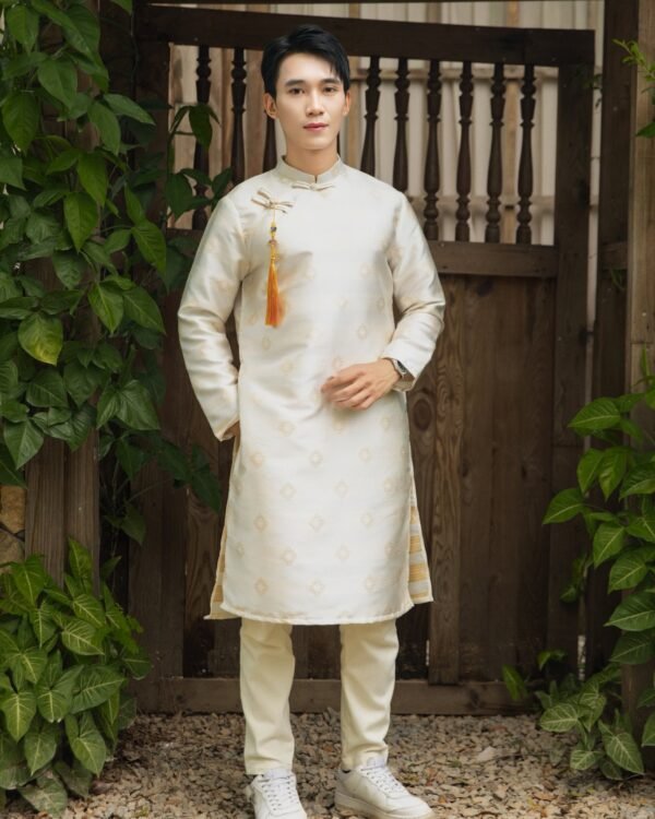 Cho Thuê Áo Dài Nam Gấm Sen Vàng Kem (Có Bigsize)