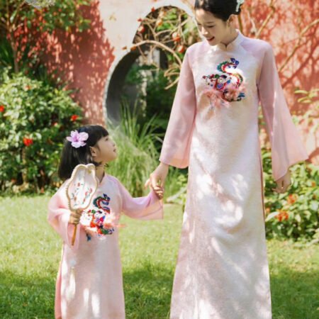 Cho Thuê Áo Dài Nữ Thêu Phụng Hồng Phấn