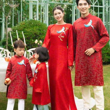 Cho Thuê Áo Dài Nữ Đỏ Thêu Chim Sẻ