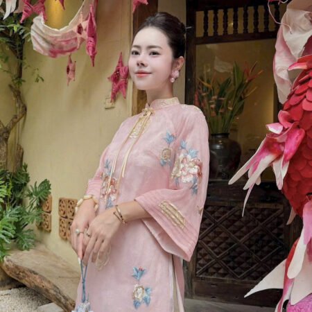 Cho Thuê Áo Dài Nữ Cổ Tàu Thêu Tiên Sa Hồng