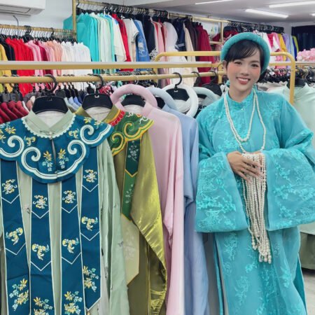 Cho Thuê Áo Dài Nữ Hoạ Tiết Nổi Xanh Ngọc