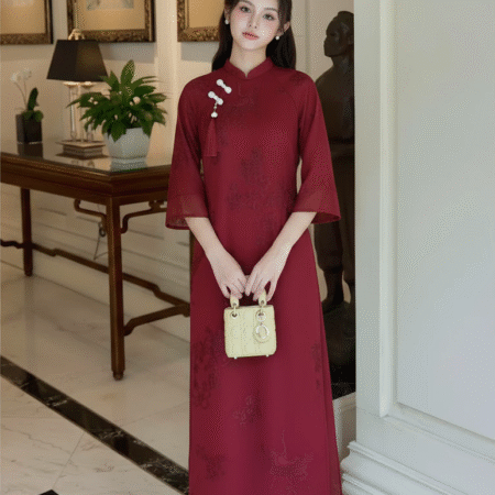 Thuê Áo Dài Nữ Đỏ Thêu Hạc Nút Trắng Sang Trọng (Có Bigsize)