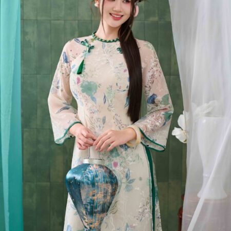 Thuê Áo Dài Nữ Trắng Viền Xanh 4 Tà Orchid (Có Bigsize)