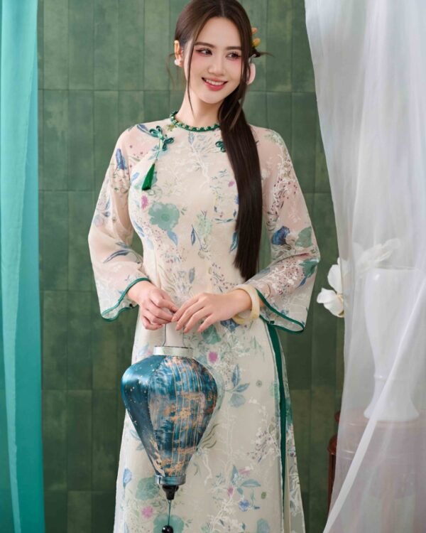 Thuê Áo Dài Nữ Trắng Viền Xanh 4 Tà Orchid (Có Bigsize)
