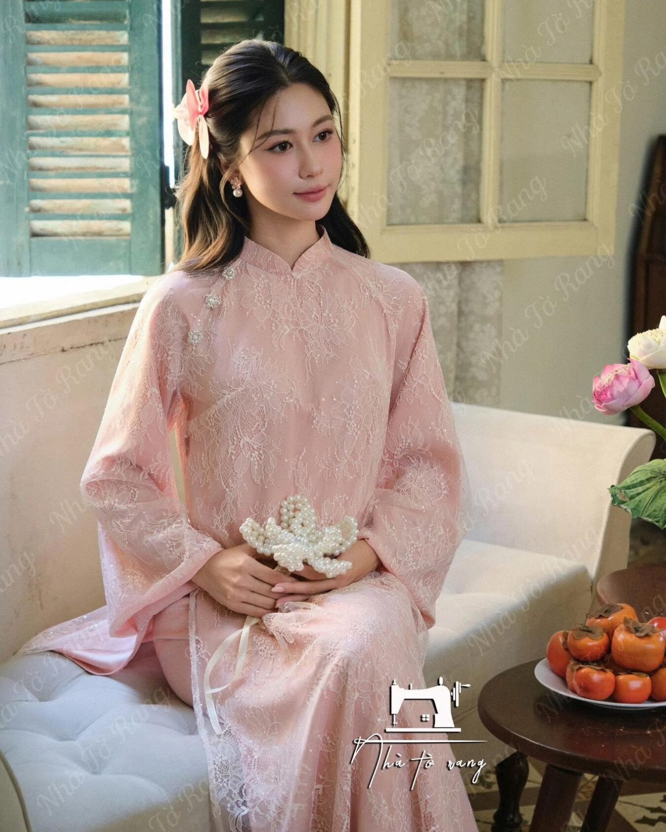 Thuê Áo Dài Nữ Hồng Nút Hột Xoàn (Có Bigsize)