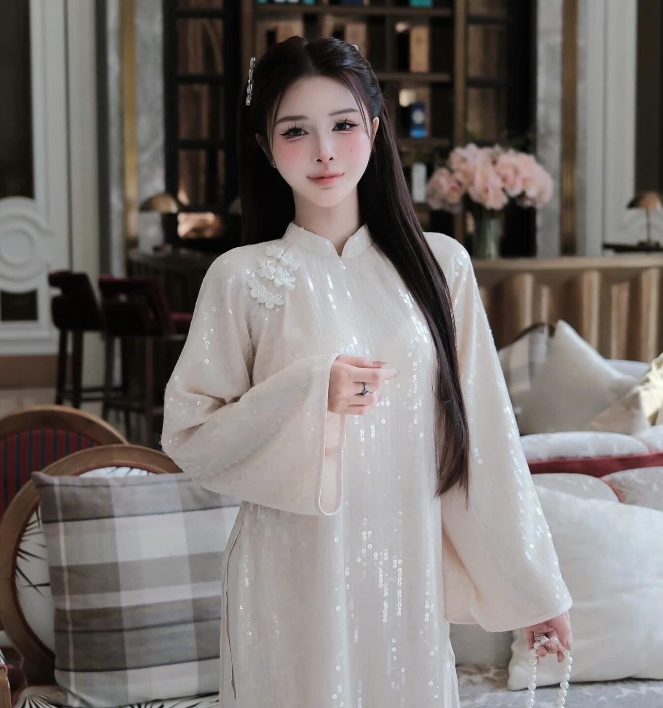 Thuê Áo Dài Nữ Kim Sa Hồng Phấn (Có Bigsize)