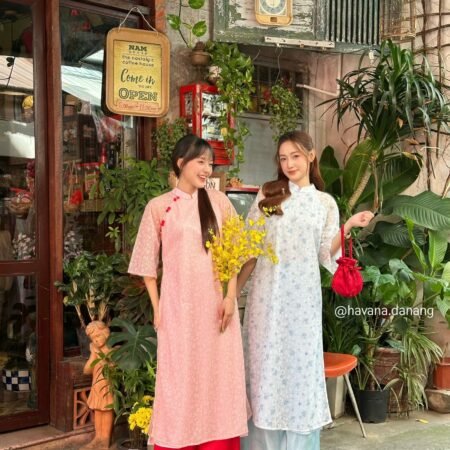 Thuê Áo Dài Nữ Xanh Hoa Nhỏ Yên Dung (Có Bigsize)