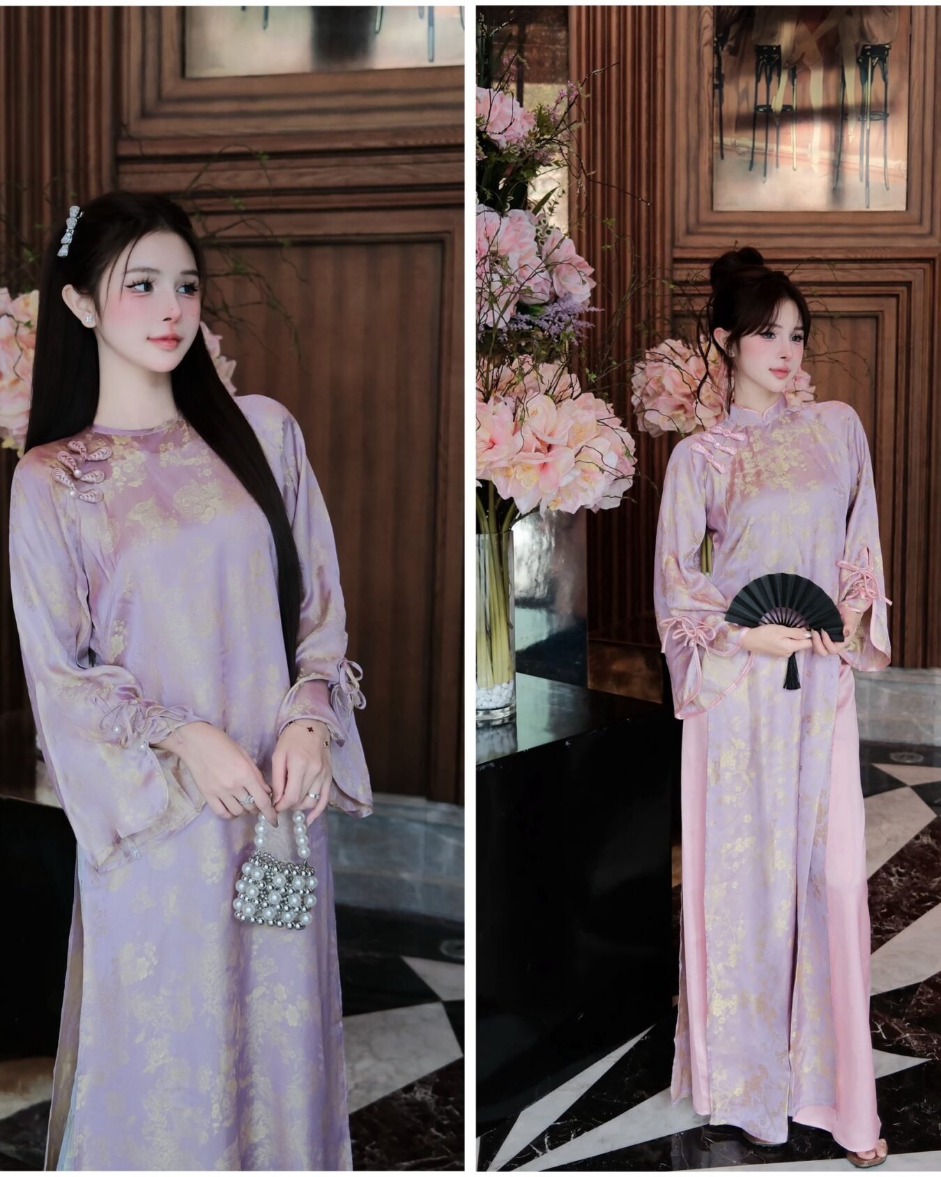 Thuê Áo Dài Lụa Hồng Nút Tàu Hoa Vàng (Có Bigsize)