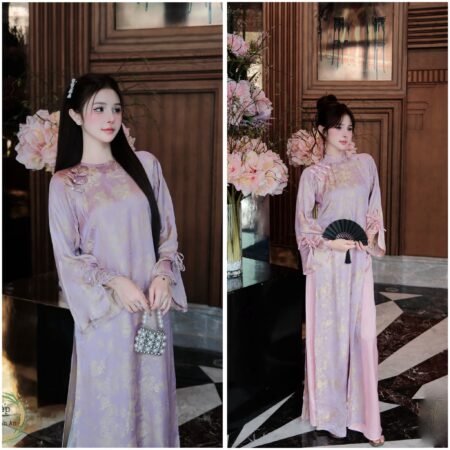 Thuê Áo Dài Lụa Hồng Nút Tàu Hoa Vàng (Có Bigsize)