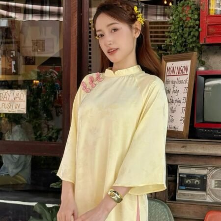 Thuê Áo Dài Nữ Havana Vàng Nút Tàu Hồng (Có Bigsize)