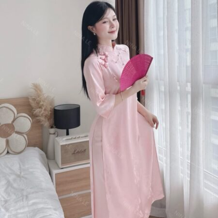 Thuê Áo Dài Nữ Cổ Trụ Hồng Ba Khảm Hồng (Có Bigsize)