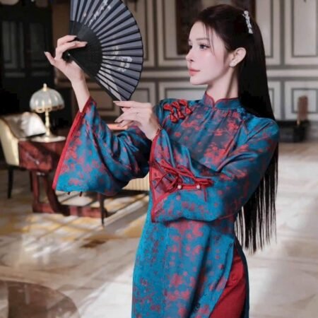 Thuê Áo Dài Nữ Xanh Hoạ Tiết Hoa Đỏ (Có Bigsize)