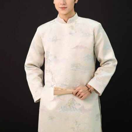 Cho Thuê Áo Dài Nam OAO Vải Gấm Hoạ Tiết Núi Non Trắng (Có Bigsize)