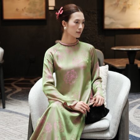 Cho Thuê Áo Dài Nữ Xanh Cổ Tròn Hoa Hồng