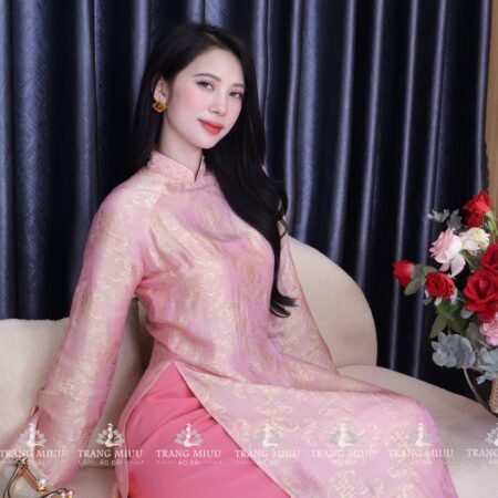 Cho Thuê Áo Dài Nữ Hồng Cổ Trụ Đính Đá Vân Yên (Có Bigsize)