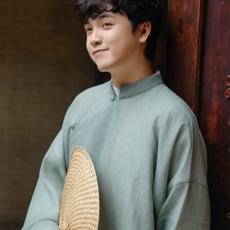 Cho Thuê Áo Dài Nam Xanh Rêu Voan 2 Lớp Cúc To OAO