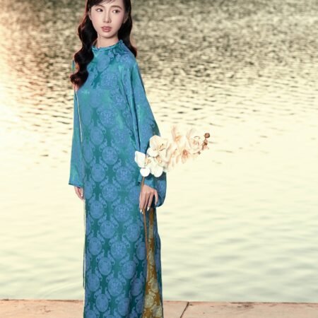 Cho Thuê Áo Dài Xanh Dương Cổ Trụ Đồng Tiền 5 Nút Tàu (Có Bigsize)