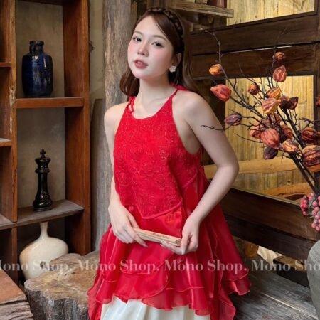 Cho Thuê Thuê Set Yếm Đỏ Hoa Hồng Nổi Tua Rua Mono