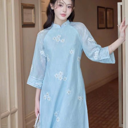 Cho Thuê Áo Dài Nữ Xanh Cổ Trụ Thêu Hoa Cúc (Có Bigsize)
