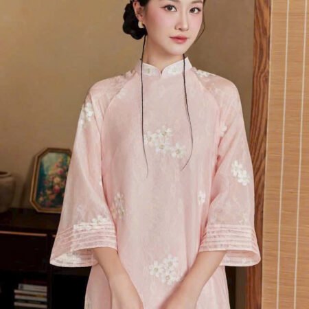 Cho Thuê Áo Dài Nữ Hồng Cổ Trụ Thêu Hoa Cúc (Có Bigsize)