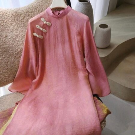 Cho Thuê Áo Dài Nữ Hồng Cổ Trụ 3 Khảm Vân Yên (Có Bigsize)