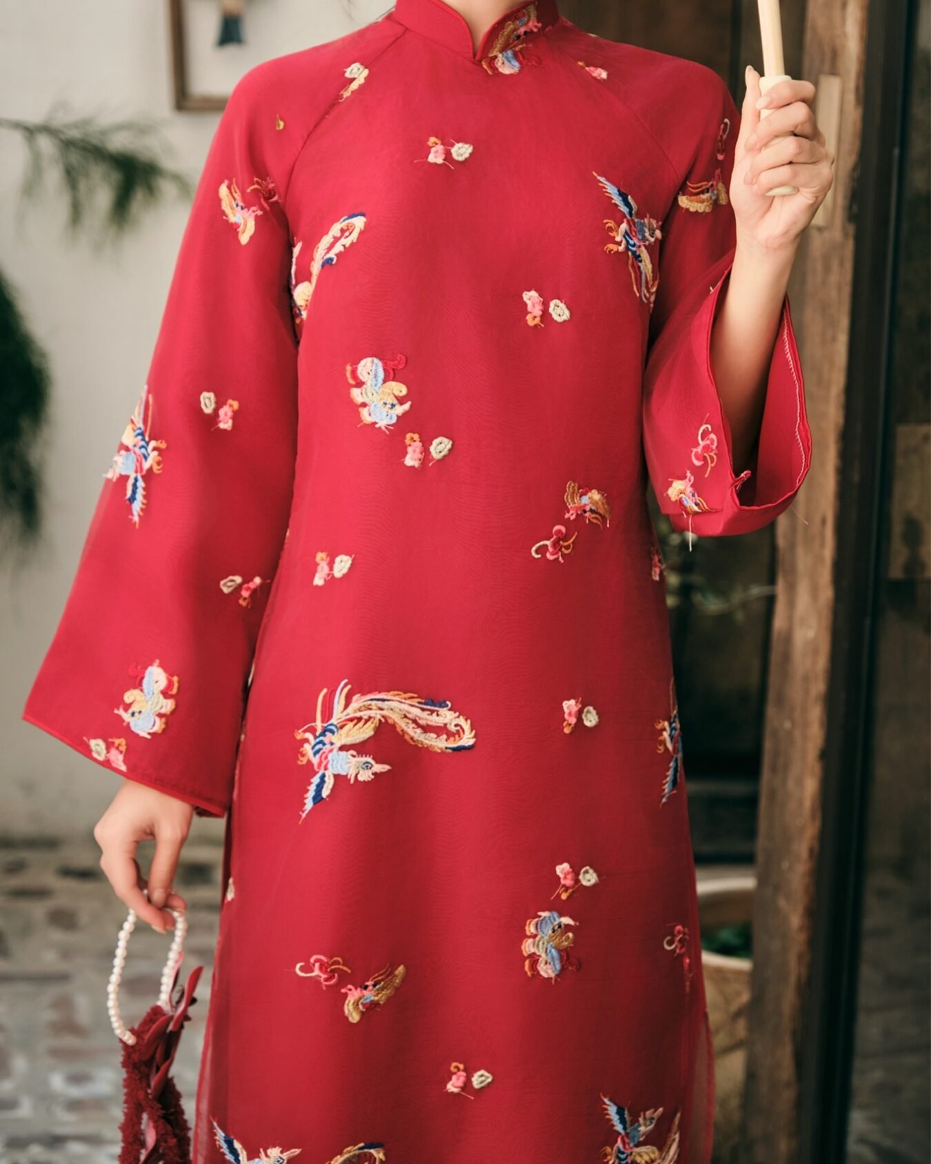 Cho Thuê Áo Dài Nữ Đỏ Cổ Trụ Thêu Phượng (Có Bigsize)