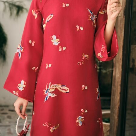 Cho Thuê Áo Dài Nữ Đỏ Cổ Trụ Thêu Phượng (Có Bigsize)