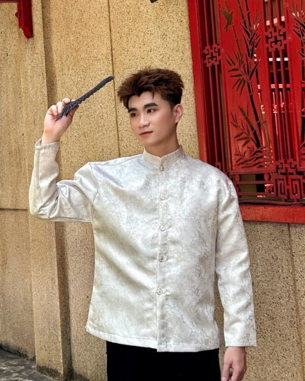 Cho Thuê Áo Dài Nam Trắng Thêu Hoa