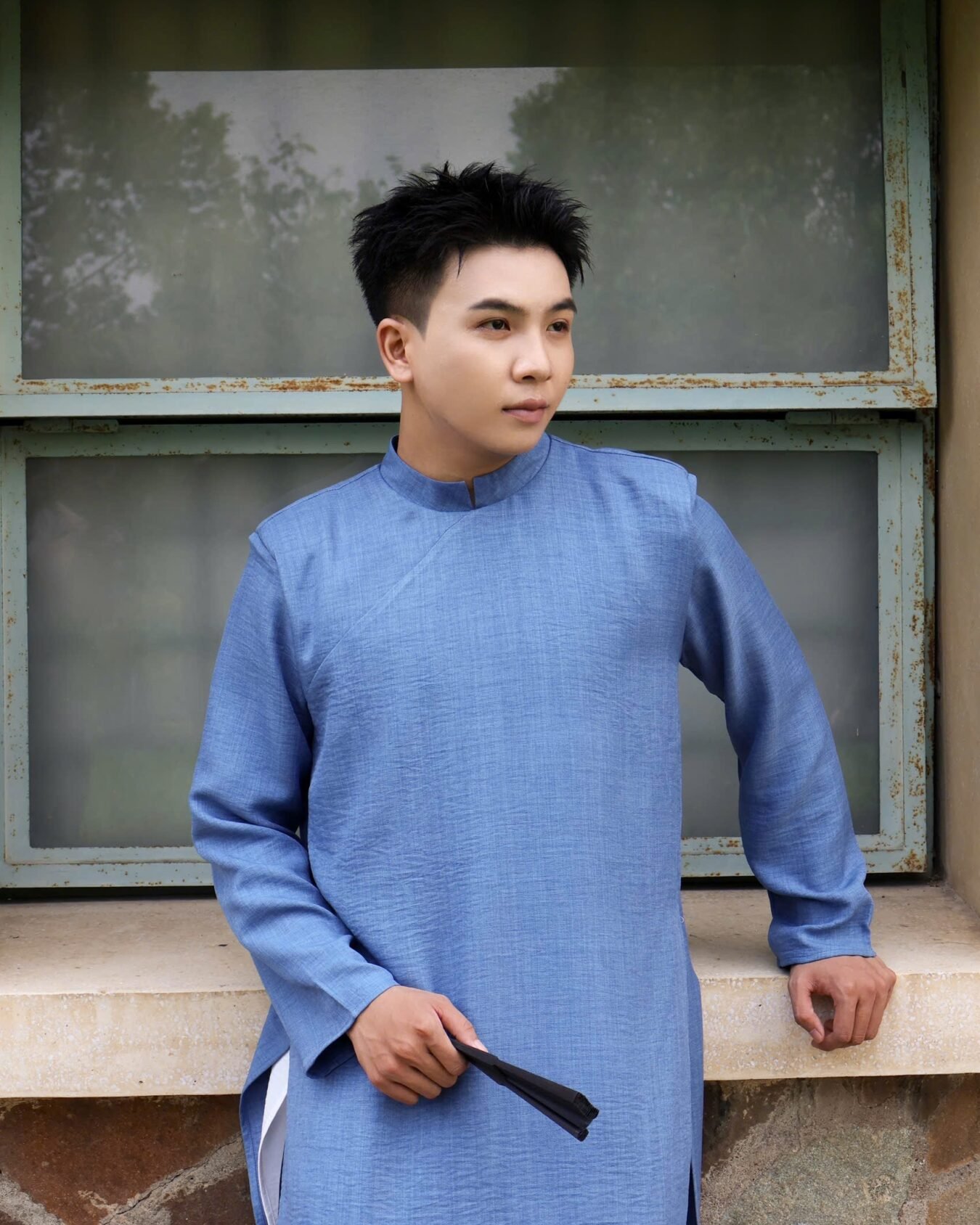 Cho Thuê Áo Dài Nam Xanh Dương Đũi Vân Mây 2 Lớp Jacob Studio