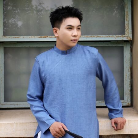 Cho Thuê Áo Dài Nam Xanh Dương Đũi Vân Mây 2 Lớp Jacob Studio