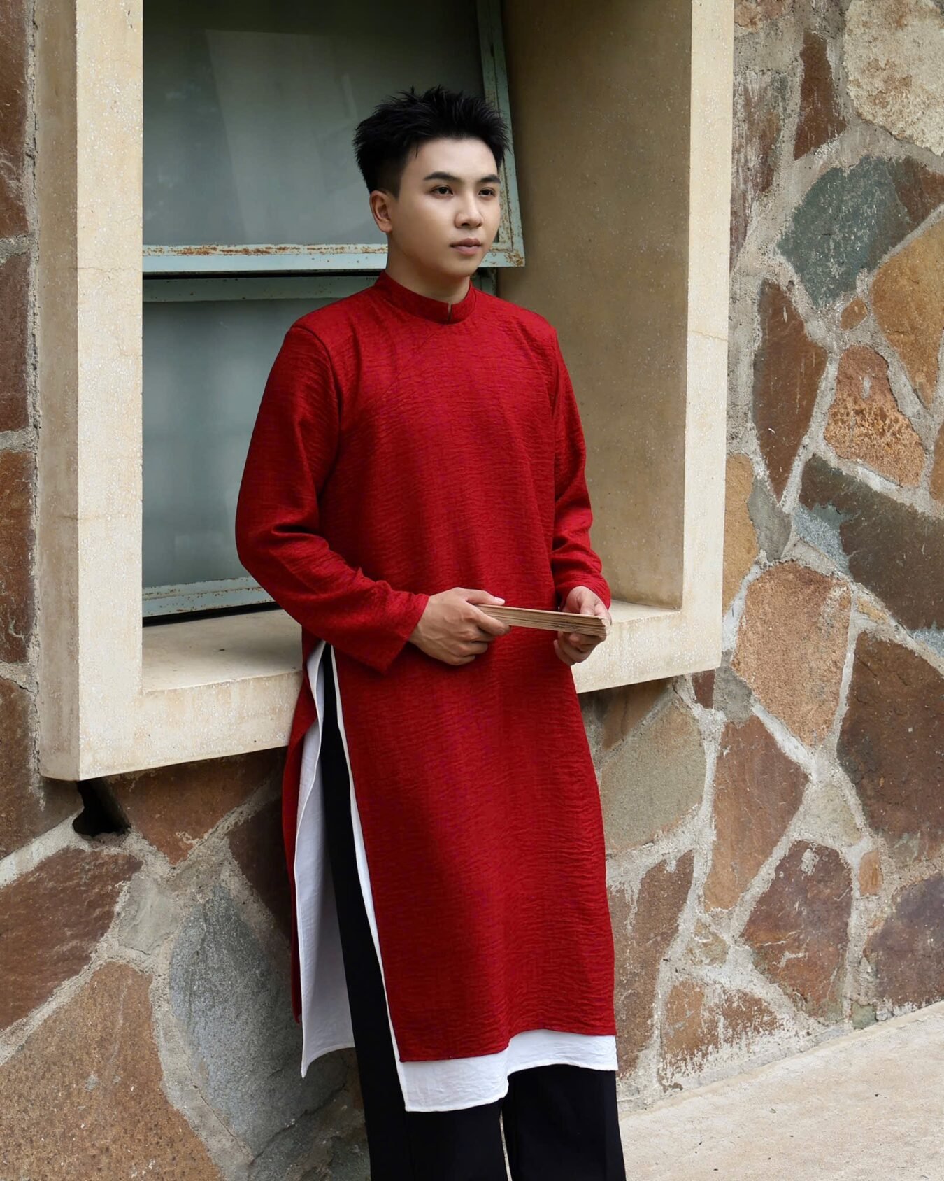 Cho Thuê Áo Dài Nam Đỏ Đũi Vân Mây 2 Lớp Jacob Studio