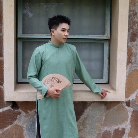 Cho Thuê Áo Dài Nam Xanh Đũi Vân Mây 2 Lớp Jacob Studio