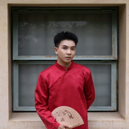 Cho Thuê Áo Dài Nam Đỏ Cành Đào Jacob Studio