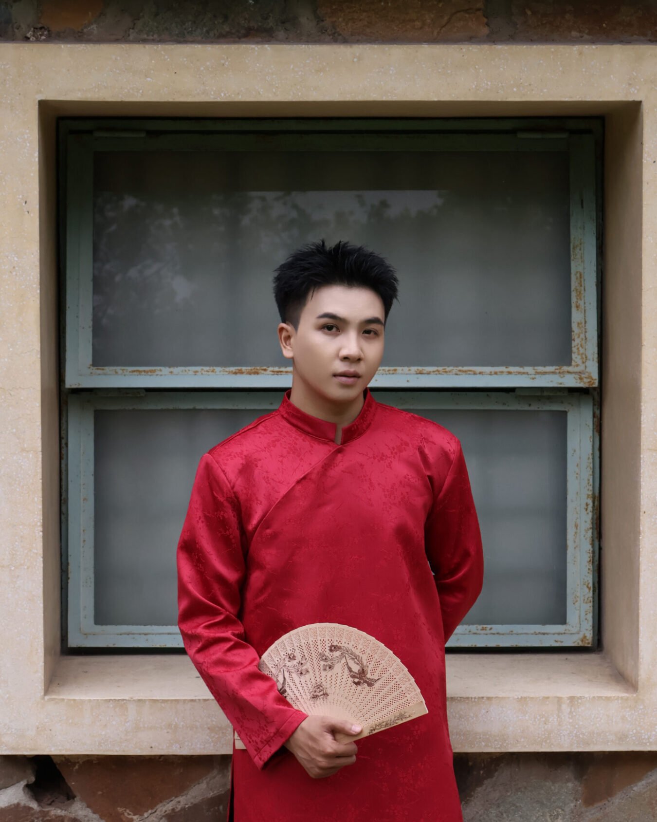 Cho Thuê Áo Dài Nam Đỏ Cành Đào Jacob Studio