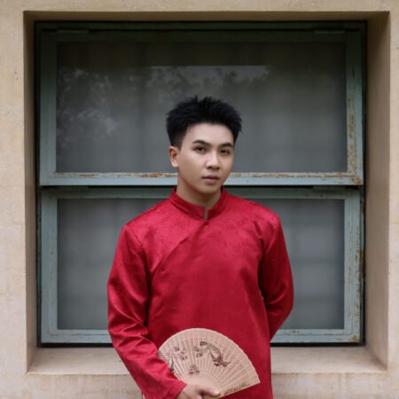Cho Thuê Áo Dài Nam Đỏ Cành Đào Jacob Studio