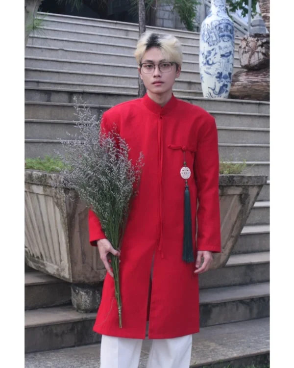 Cho Thuê Áo Dài Đỏ Vân Gỗ Nút Ngọc Bội (Doziva)