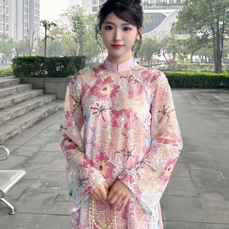 Cho Thuê Áo Dài Nữ Hồng Cổ Trụ Kim Sa Đính Hoa