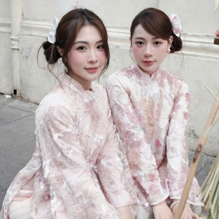 Cho Thuê Áo Dài Nữ Hồng Nhạt Cổ Trụ Kim Sa Đính Hoa